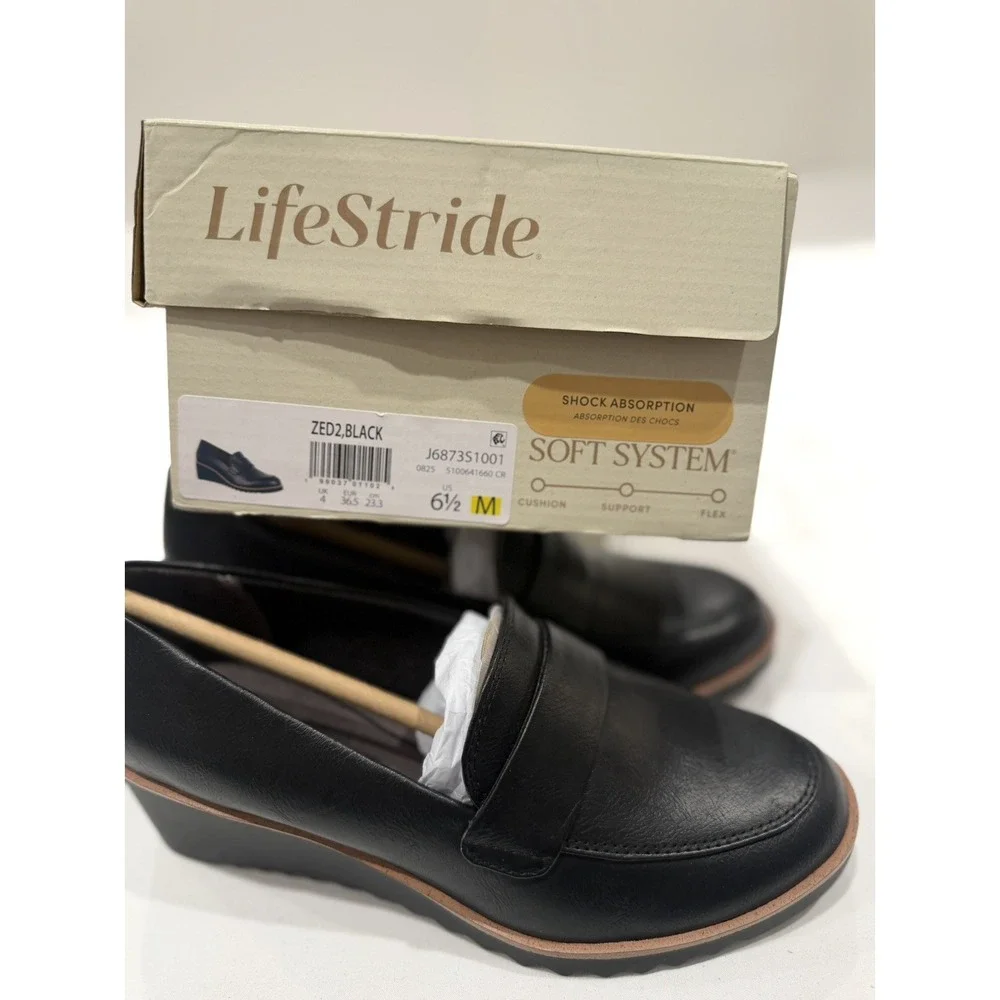LifeStride Zed 2 Wedge Loafers size 6.5 women's, Black soft cushion shock absorb